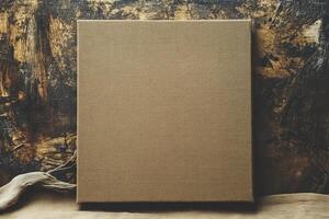 Blank Canvas Texture Against Dark Wooden Background Ideal for Painting Mockup photo