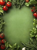 Fresh Herbs and Tomatoes Frame Green Background for Recipe or Menu photo