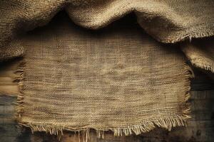 Rustic Burlap Fabric on Wood Tabletop Background with Natural Texture photo