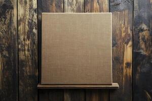 Brown Square Box on Wooden Shelf with Dark Wood Plank Backdrop photo