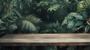 Wooden Table Surrounded by Tropical Leaves Creating a Nature Background photo