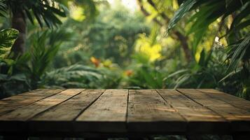 Wooden Table Surface with Blurred Lush Green Tropical Plant Background photo