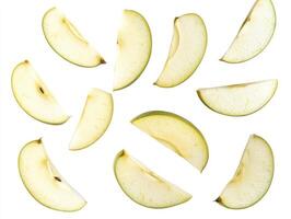 Scattered Apple Slices on White Background Fresh and Healthy Still Life photo