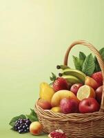 Fruit Basket Filled with Fresh Assorted Fruits on Green Background photo