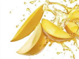 Mango Slices with Splashing Juice on White Background for Tropical Flavor photo