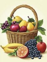 Assortment of Fruits in Woven Basket with Banana and Orange Slice photo