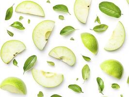 Green Apple Slices with Fresh Leaves on a White Background Pattern photo