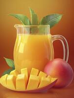 Fresh Mango Juice in Glass Pitcher with Sliced Mango and Leaves photo