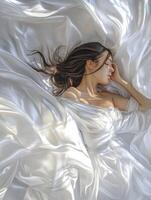 Woman Lying on White Silk Fabric in Peaceful and Dreamy Pose photo