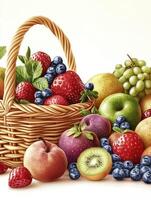 Fruit Basket Full of Strawberries Blueberries Grapes and Various Fruit photo