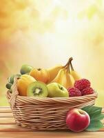 Fruit Basket Still Life with Apple, Bananas, Kiwi, and Citrus photo