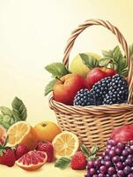 Fruit Basket Illustration with Apples, Berries, Oranges, and Grapes photo