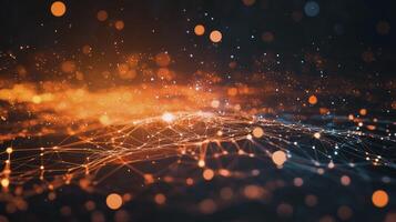 Abstract Network Connecting Nodes with Glowing Orange and Blue Particle Background photo
