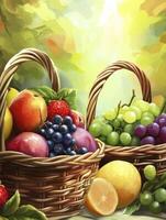 Fresh Fruit Baskets with Grapes, Apples, and Lemons in Sunny Garden photo