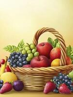 Fruit Basket with Apples, Grapes, and Strawberries in a Wicker Container photo
