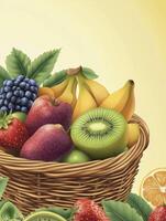 Fruit Basket Still Life with Bananas Apples and Kiwi Illustration photo