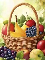 Fruit Basket Still Life with Apples Bananas Grapes and Strawberries photo