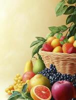 Fruit Basket Arrangement Still Life with Oranges, Apples, Grapes and Leaves photo