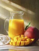 Refreshing Mango Juice in Pitcher with Fresh Fruit on Table photo
