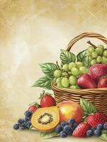 Fruit Basket Still Life with Grapes, Berries and Kiwifruit Illustration photo