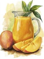 Fresh Mango Juice in Pitcher with Fruit Illustration for Healthy Drink photo