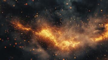 Golden Particle Stream Flowing Across Dark Background with Light Smoke photo