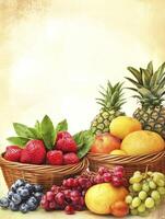 Assorted Fruit Basket Still Life with Strawberries Pineapples and Grapes photo