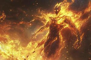 Fiery Humanoid Figure Emerging From Flames with Intense Glowing Light photo