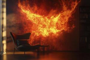 Armchair in Interior with Striking Fiery Bird Wall Design Concept photo