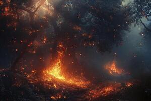 Burning Forest Landscape with Fiery Flames and Glowing Embers in Dark Setting photo