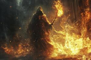 Mysterious Figure in Robe Holding Torch Amidst Fiery Flames photo