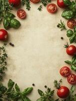 Fresh Tomatoes Basil and Thyme Herb Frame on Neutral Textured Surface photo