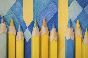 Colored Pencils Arranged in Row with Abstract Blue and Yellow Background photo