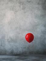 Single Red Balloon Floating Against a Textured Gray Background Still Life photo