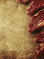Raw Beef Steaks on Rustic Background with Empty Space for Text photo