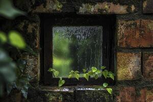 Rainy Window View with Green Vine and Old Brick Wall Texture photo