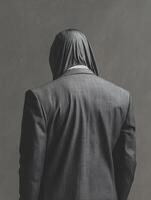 Man in Suit with Fabric Over Head in Front of Gray Wall photo