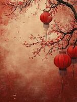 Hanging Red Lanterns with Cherry Blossoms Illustration for Asian Festive Design photo