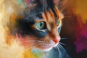 Calico Cat Close-up with Expressive Green Eyes and Artistic Abstract Background photo