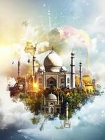 Fantasy Taj Mahal Floating Island with Golden Light and Cloudy Skies photo
