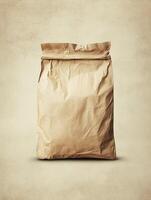 Isolated Brown Paper Bag Standing on Beige Background for Product Mockups photo