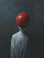Person Hiding Face Behind Red Balloon in Dark and Mysterious Setting photo