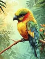 Colorful Parrot Perched on Branch in Lush Tropical Foliage Artwork photo