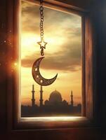 Hanging Moon Star Ornament with Mosque View From Window at Sunset photo