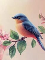 Bluebird Perched on Branch with Flowers and Leaves Illustration Style photo