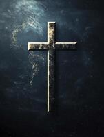 Christian Cross Symbol Against Deep Space Background with Golden Light photo