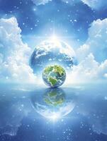 Earth and Moon Over Water Digital Art with Reflection and Clouds photo