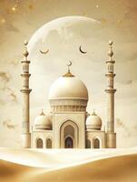 Elegant Mosque Illustration with Desert and Moon for Ramadan Greetings photo