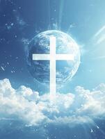 Christian Cross Rising Above Clouds with Planet in Sky photo
