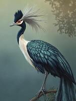 Elegant Crowned Crane Bird Perched on Branch with Detailed Feather Texture photo